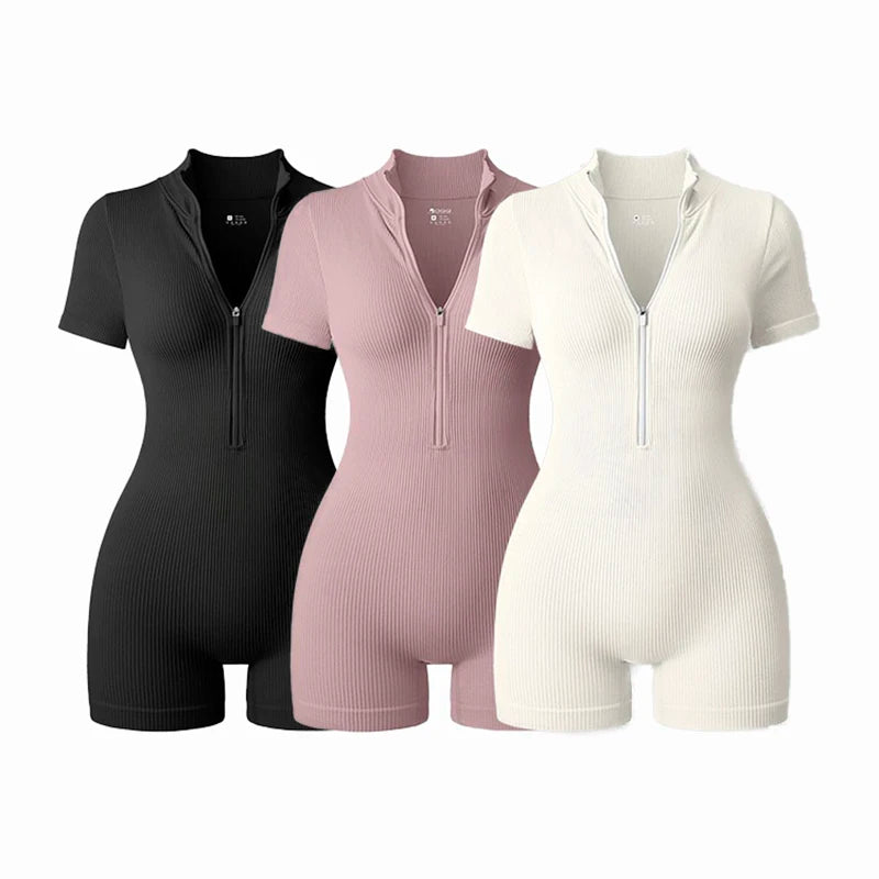 Combinaison Yoga Femme Été 2025 - Body Sport Manches Courtes Zippé Fitness Running