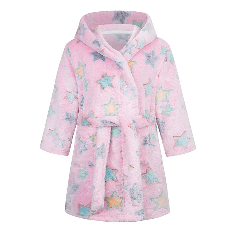 Peignoir Enfant Flanelle à Capuche - Robe de Chambre Douce Motif Cartoon - Automne Hiver 2-12 Ans