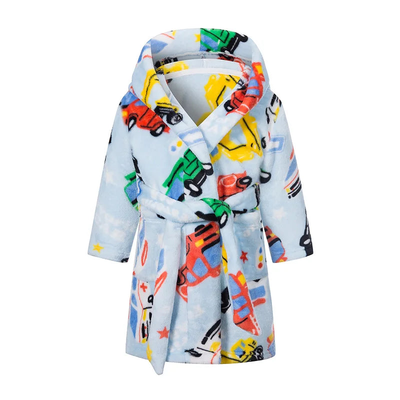 Peignoir Enfant Flanelle à Capuche - Robe de Chambre Douce Motif Cartoon - Automne Hiver 2-12 Ans
