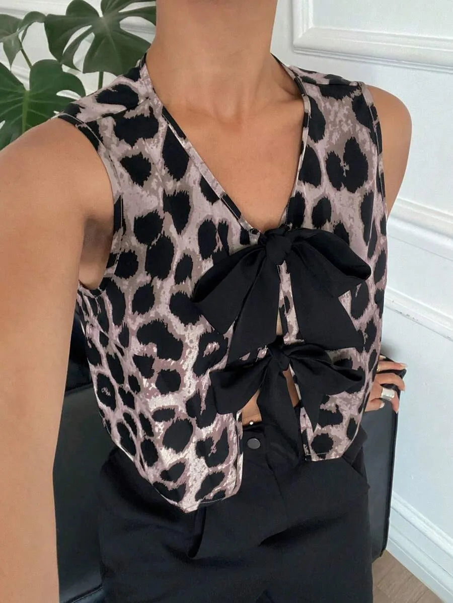 Débardeur Femme Léopard Col V Lacets - Dos Nu Sexy Casual Été