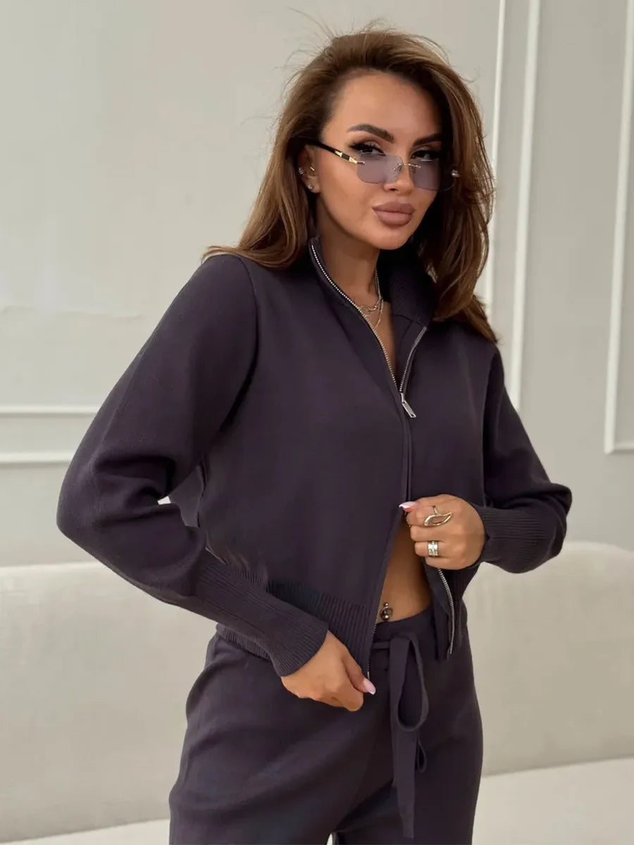 Ensemble Femme 2 Pièces Maille - Cardigan Zippé Court & Pantalon Large Taille Élastique Automne-Hiver