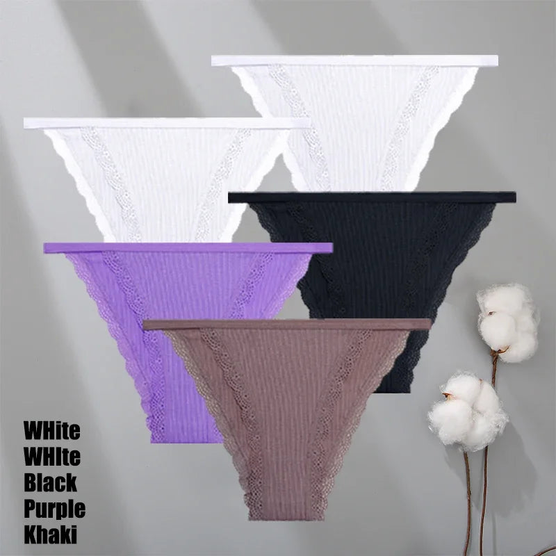 Lot 5 Culottes Dentelle Coton Femme - Slips Couleur Unie Sexy Confortables | Lingerie Respirante