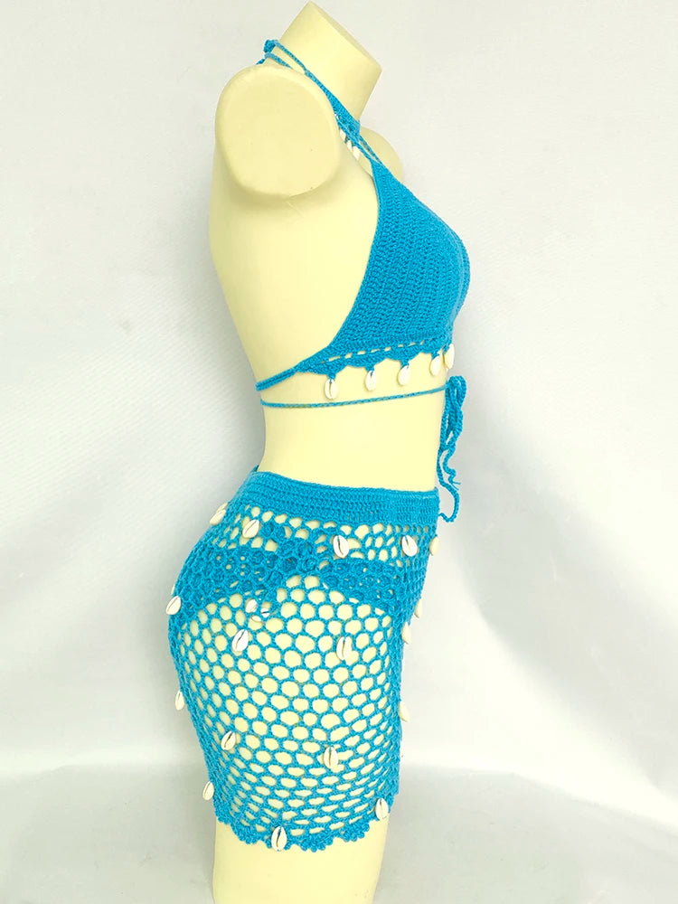 Ensemble Bikini 4 Pièces Crochet avec Coquillages - Top à Franges, Sexy,Taille Haute et Jupe