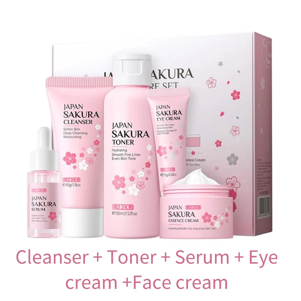 Coffret Soin Visage Sakura 5pcs - Nettoyant Sérum Crème Yeux Visage Protection Solaire Voyage Femme