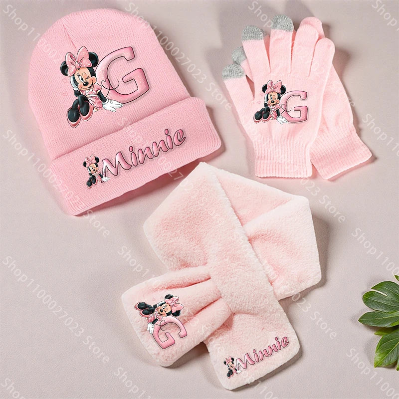 Ensemble Bonnet Écharpe Gants Minnie Mouse Enfant Hiver - Set 3 Pièces Tricoté Chaud Fille Cadeau