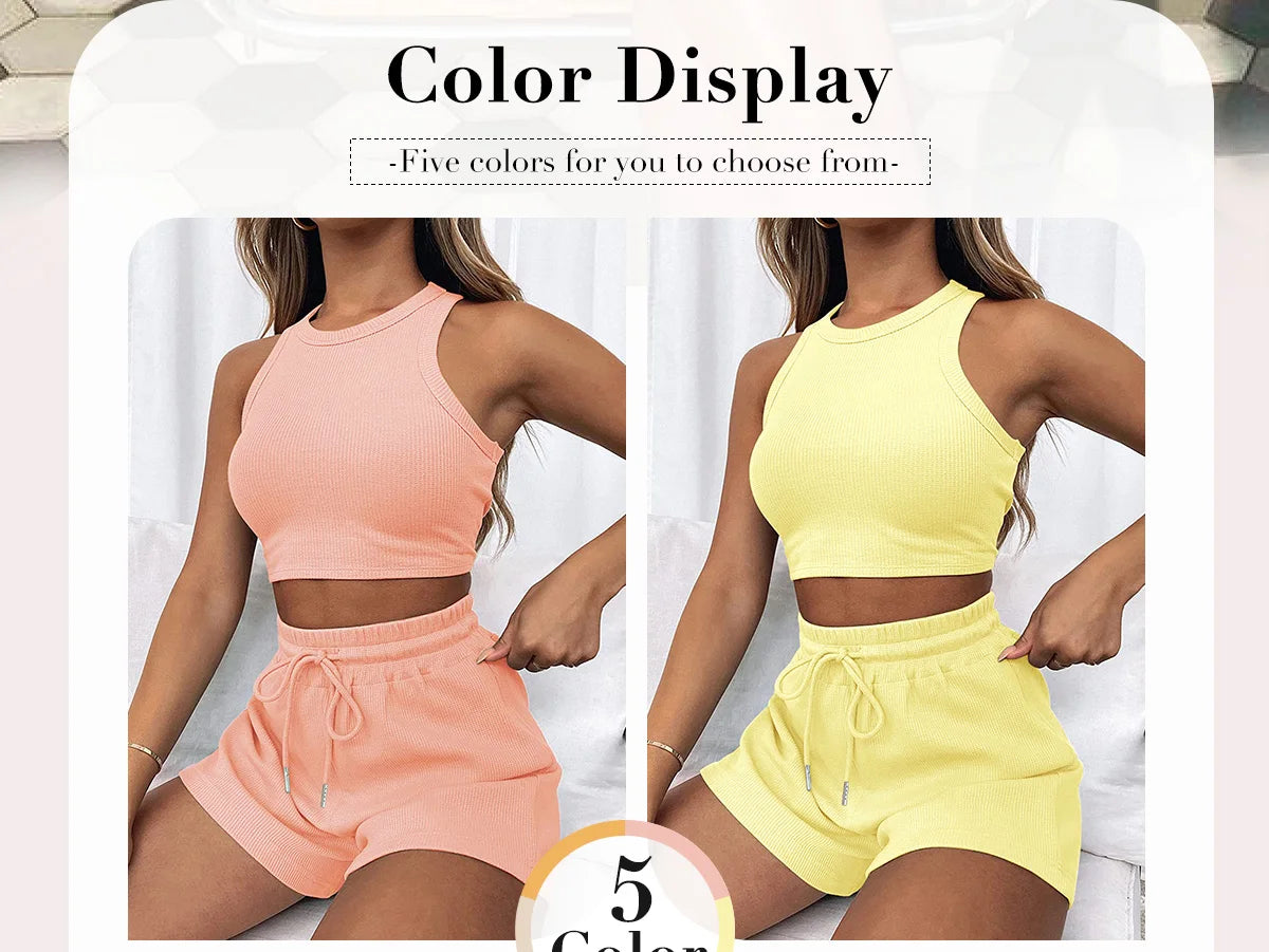 Ensemble Short Texturé Gaufré Femme - Crop Tank Top + Short Cordon 2 Pièces