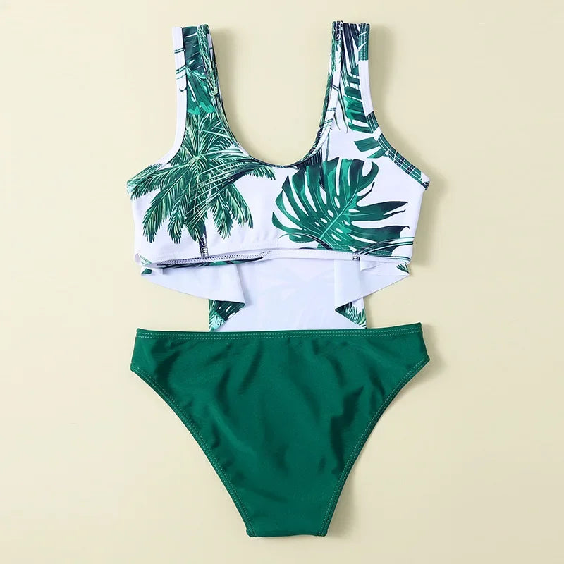 Bikini Fille 2 Pièces Imprimé Feuilles Tropicales - Tankini Sport Été