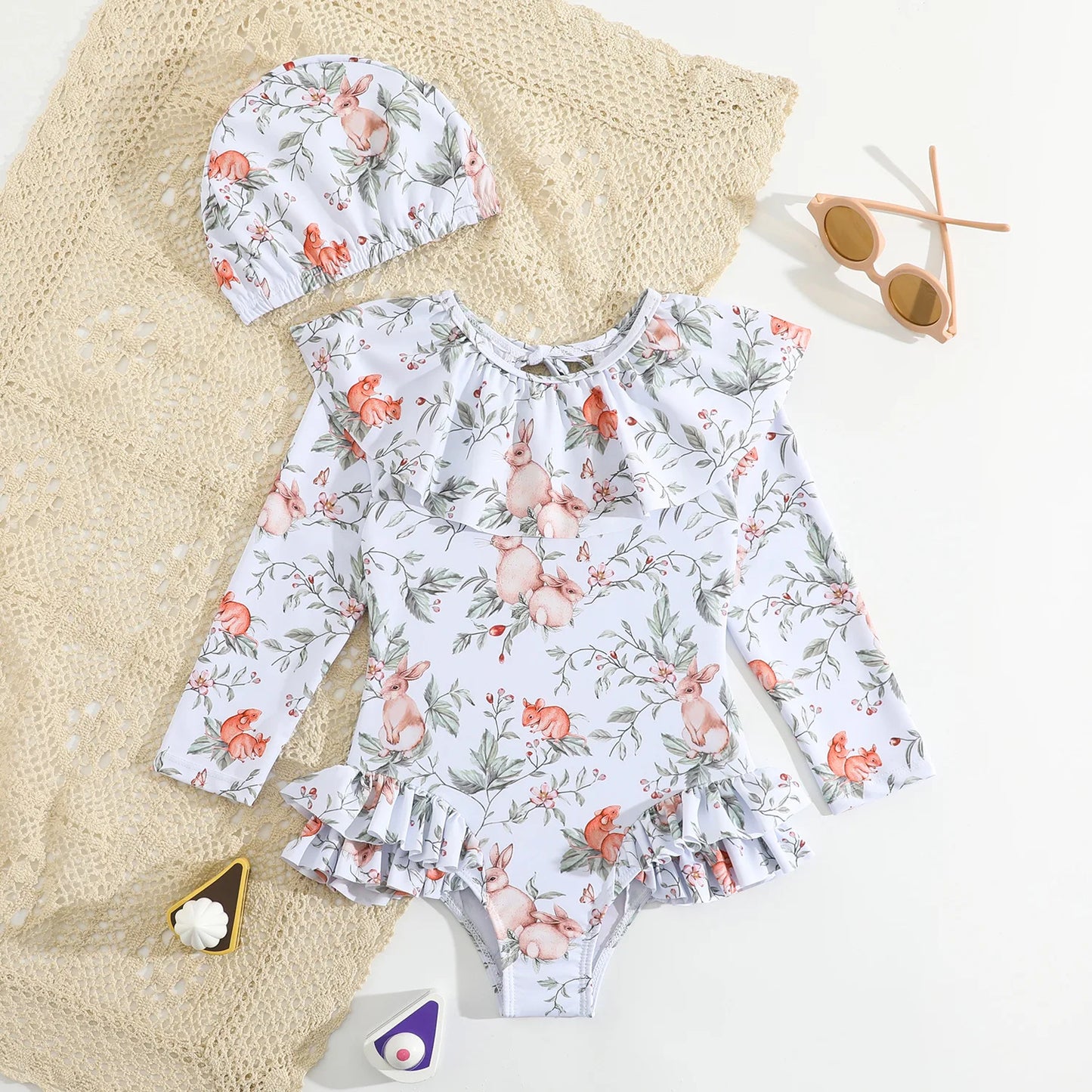 Maillot de Bain Bébé Fille Une Pièce Lapin - Manches Longues Anti-UV