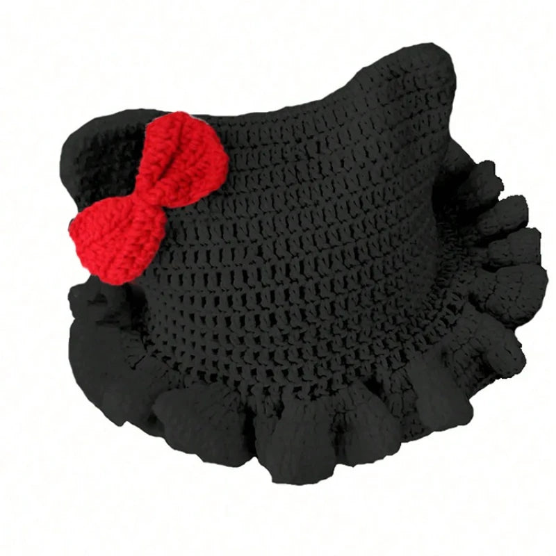 Bonnet Tricoté Main Y2K Oreilles de Chat - Chapeau Chaud avec Nœud et Bords Plissés pour Automne Hiver