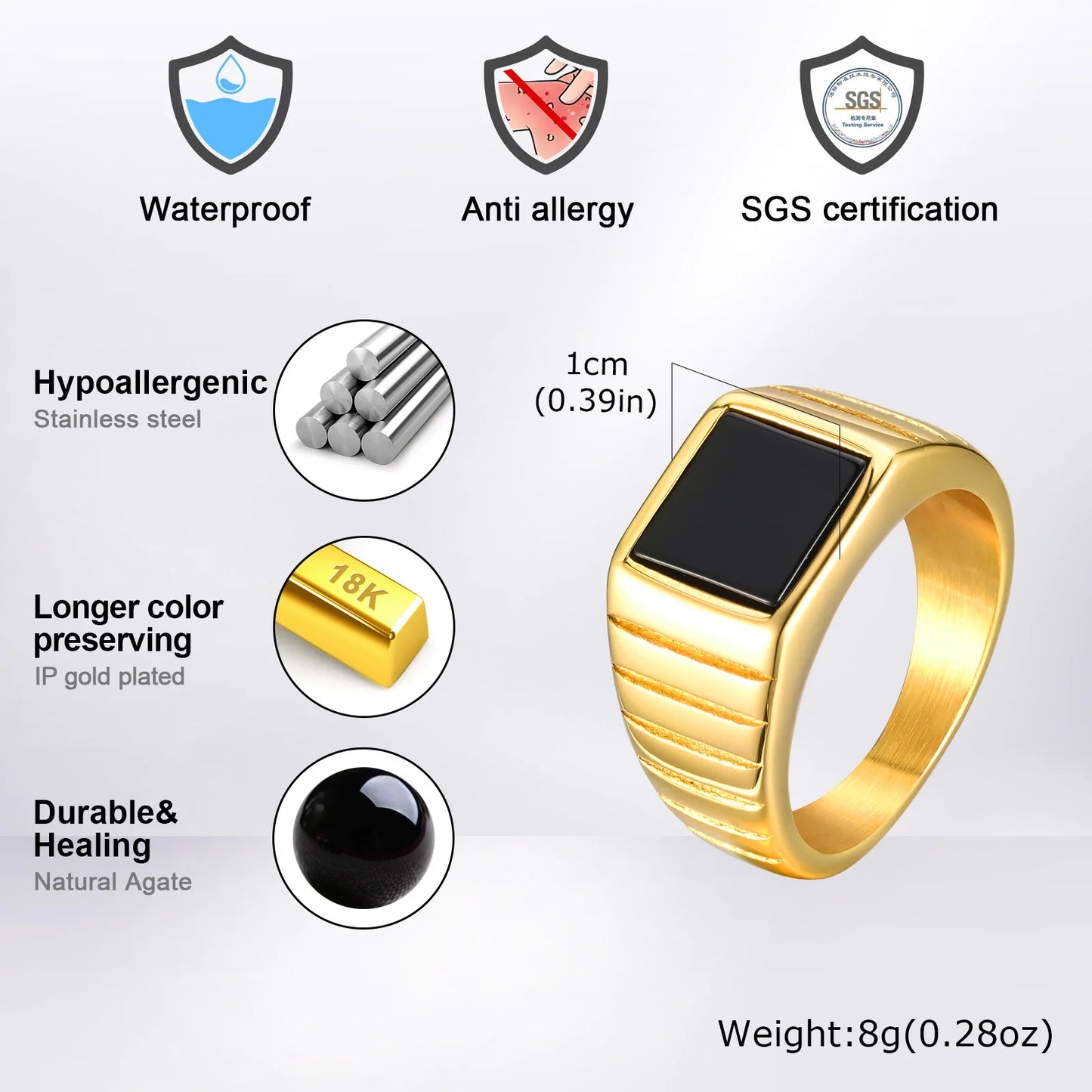 Bague Chevalière Retro Pierre Noire Femme - Acier Doré