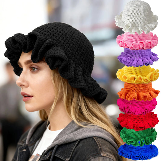 Chapeau Bob Tricoté Moelleux Femme - Bonnet Crochet Ajouré avec Volants Style Pêcheur pour Automne Hiver