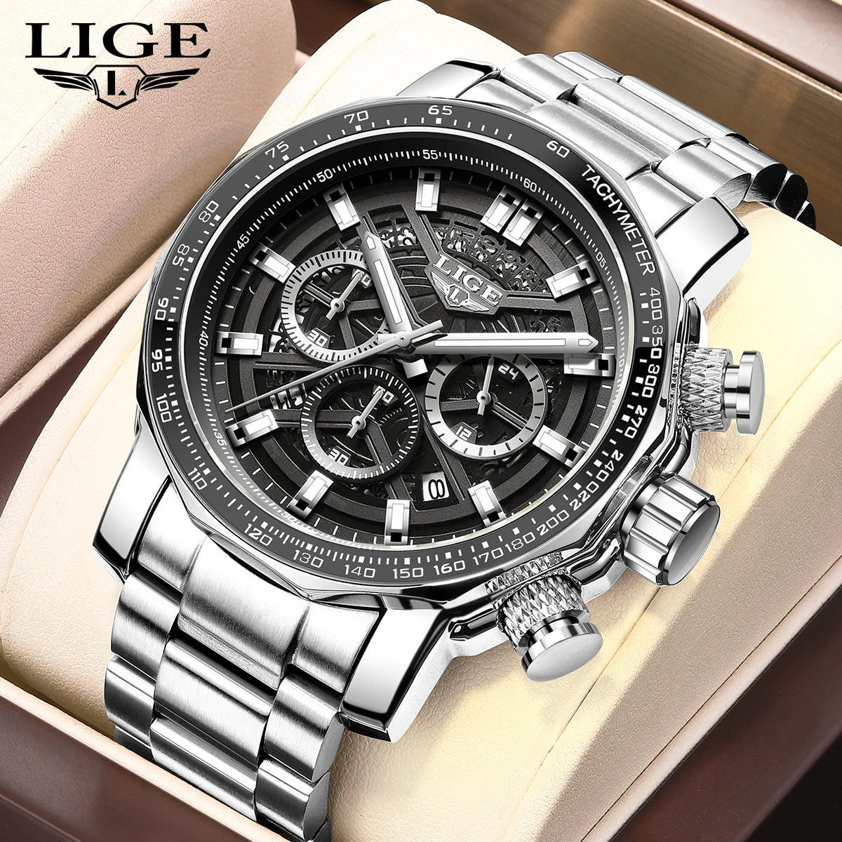 Montre Sport Homme LIGE Chronographe - Acier Inoxydable Waterproof Luxury