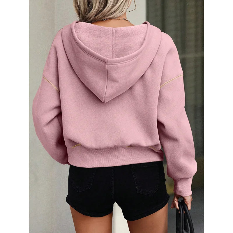 Sweat Femme Court Capuche Demi-Zip - Hoodie Loose Casual Manches Longues Printemps Automne