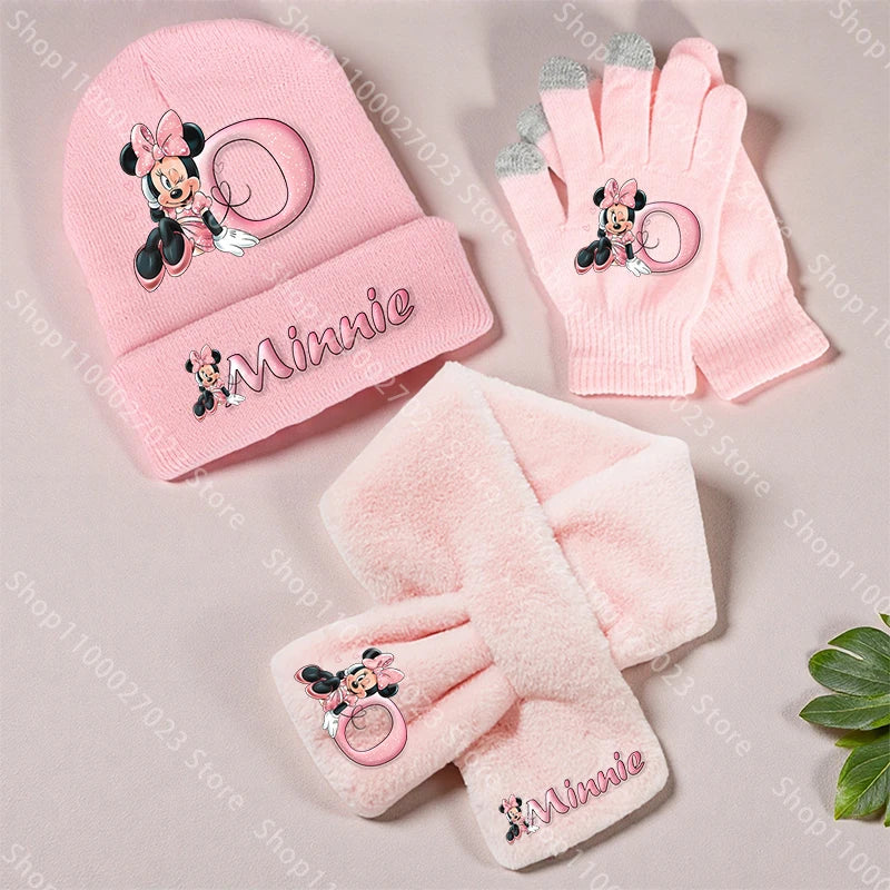 Ensemble Bonnet Écharpe Gants Minnie Mouse Enfant Hiver - Set 3 Pièces Tricoté Chaud Fille Cadeau