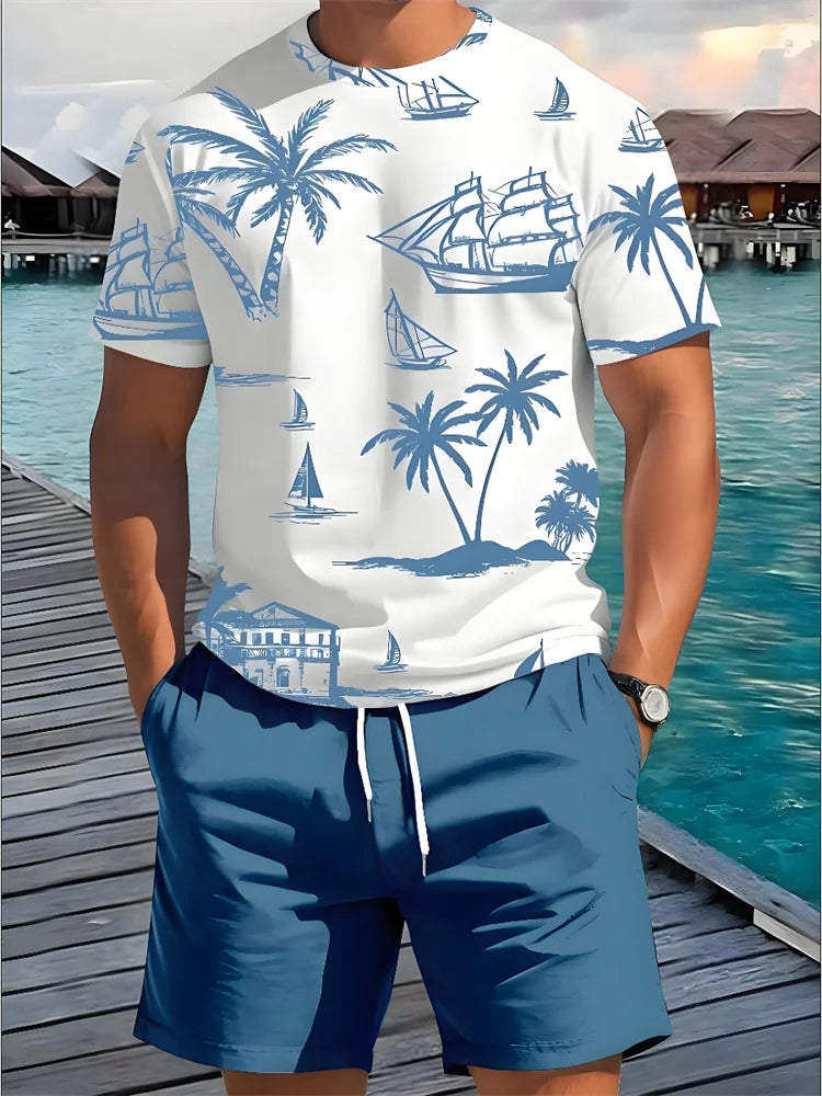 Ensemble Homme 2 Pièces Imprimé Hawaïen - T-Shirt Manches Courtes & Short de Plage