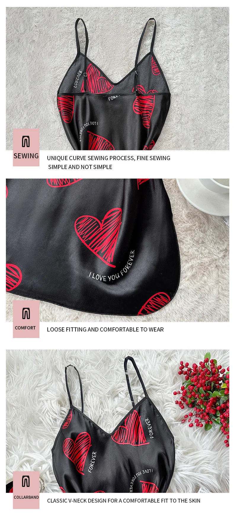 Nuisette Satin Imprimée Col V Dos Nu - Mini Sleep Dress Sexy Pyjama Cosplay Femme