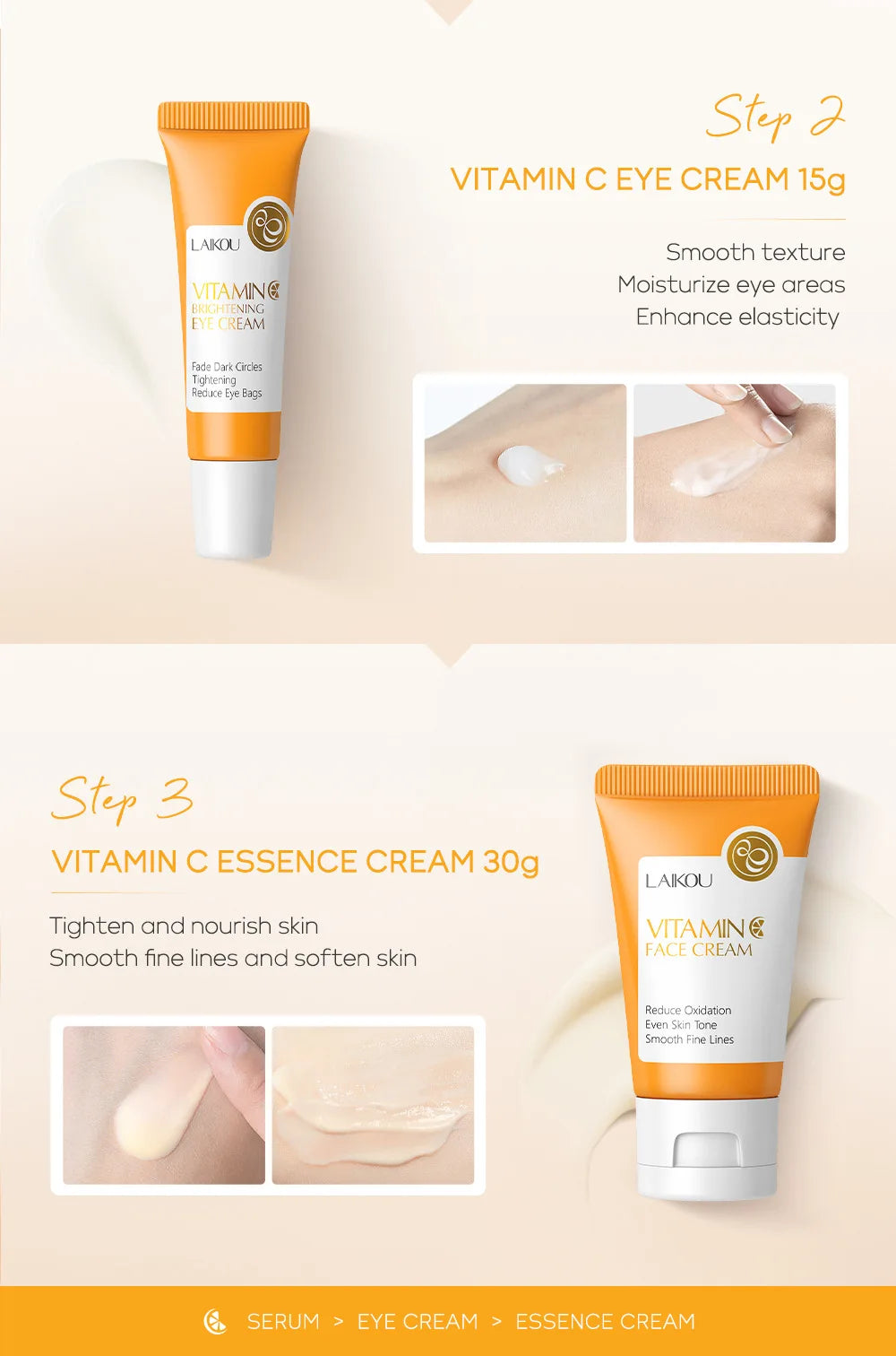 Coffret Soin Visage LAIKOU 3pcs - Vitamine C Or 24K Sakura Crème Sérum Contour Yeux Hydratant Anti-Rides