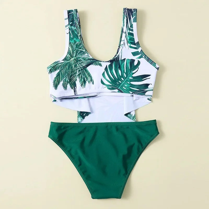 Bikini Fille 2 Pièces Imprimé Feuilles Tropicales - Tankini Sport Été