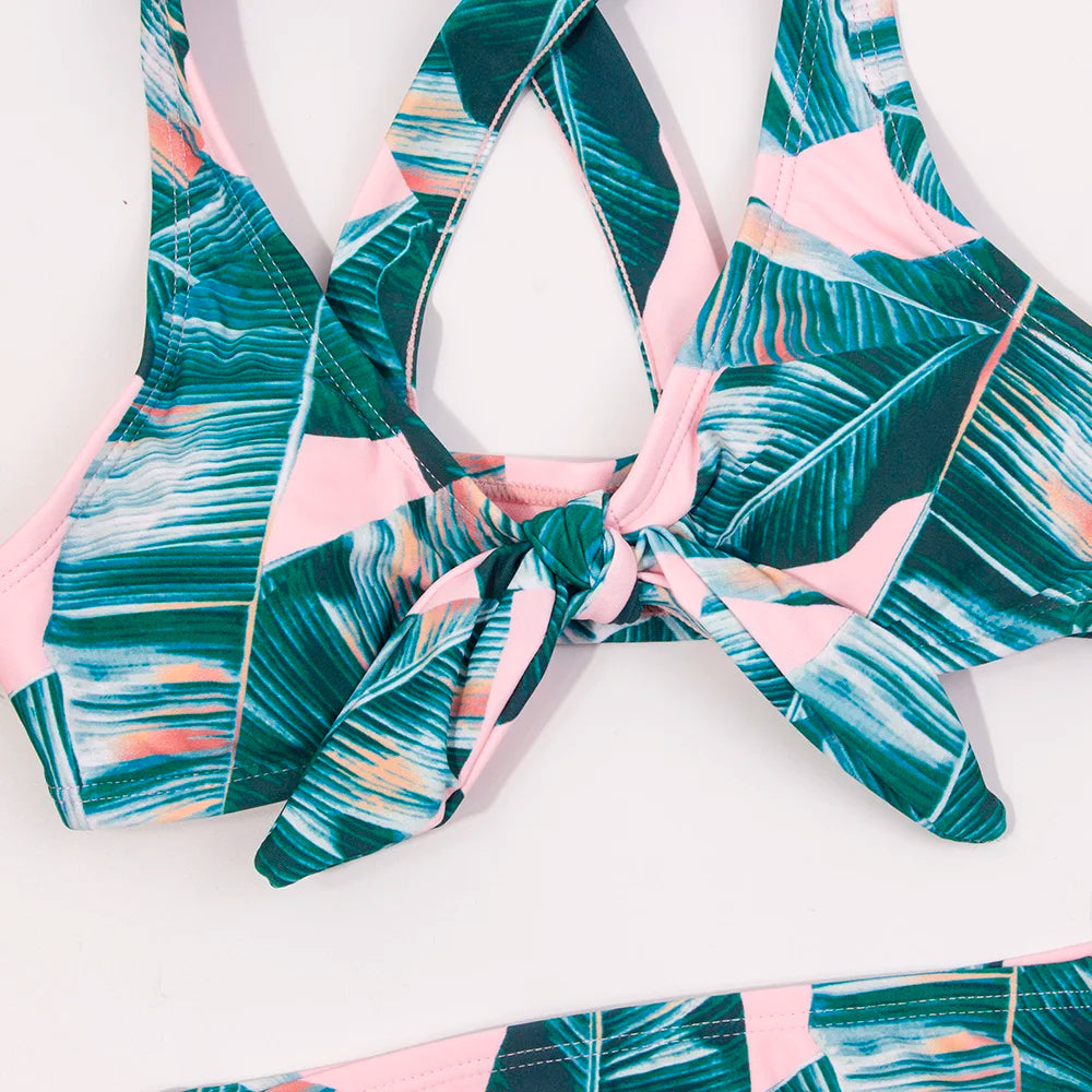 Maillot de Bain Bikini Fille Imprimé Feuilles - Bandage Volants 7-14 Ans Été