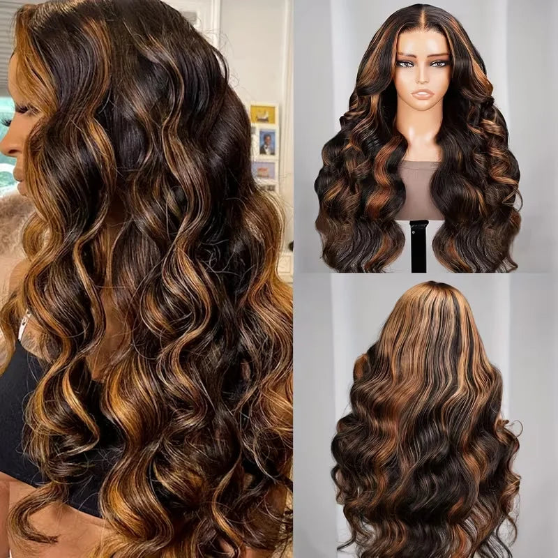 Perruque V Part Body Wave 1B/30 Highlight - Cheveux Humains 220% Densité - Clip Sans Couture
