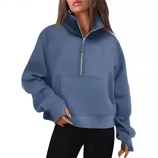 Sweat Femme Col Montant Demi-Zip - Hoodie Poche Manches Longues Loose Sportswear Streetwear Printemps Automne