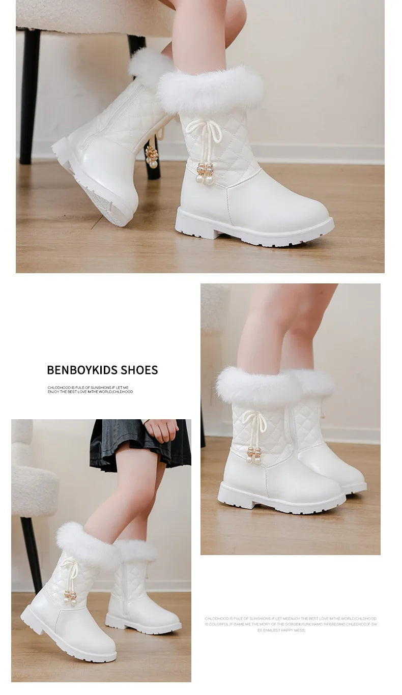 Bottes Neige Filles 2025 avec Nœud - Bottines Hiver Fourrées Imperméables Mi-Mollet