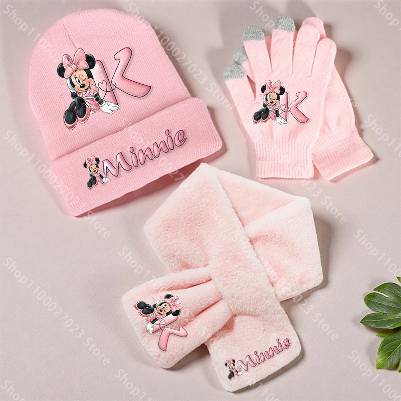 Ensemble Bonnet Écharpe Gants Minnie Mouse Enfant Hiver - Set 3 Pièces Tricoté Chaud Fille Cadeau