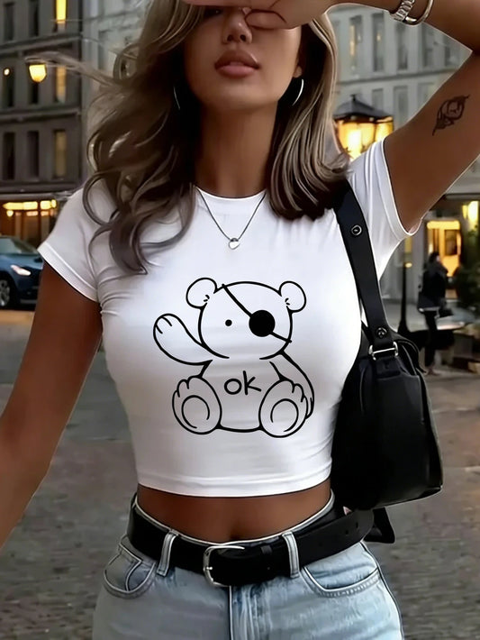 Top Crop Femme Kawaii Ok Teddy Bear - T-Shirt Doux Slim Col Rond Été