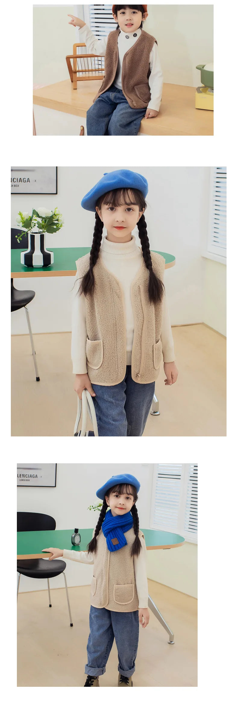 Gilet Enfant Laine d'Agneau Automne Hiver - Sans Manches Chaud Double Couche Garçon Fille