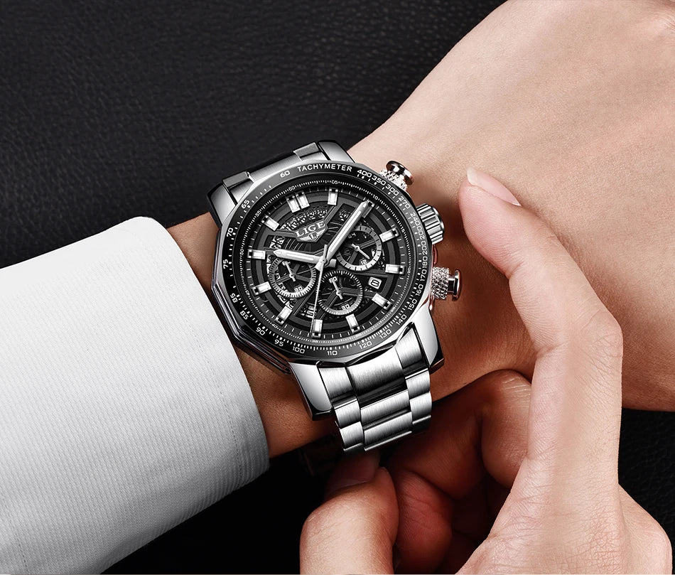 Montre Sport Homme LIGE Chronographe - Acier Inoxydable Waterproof Luxury