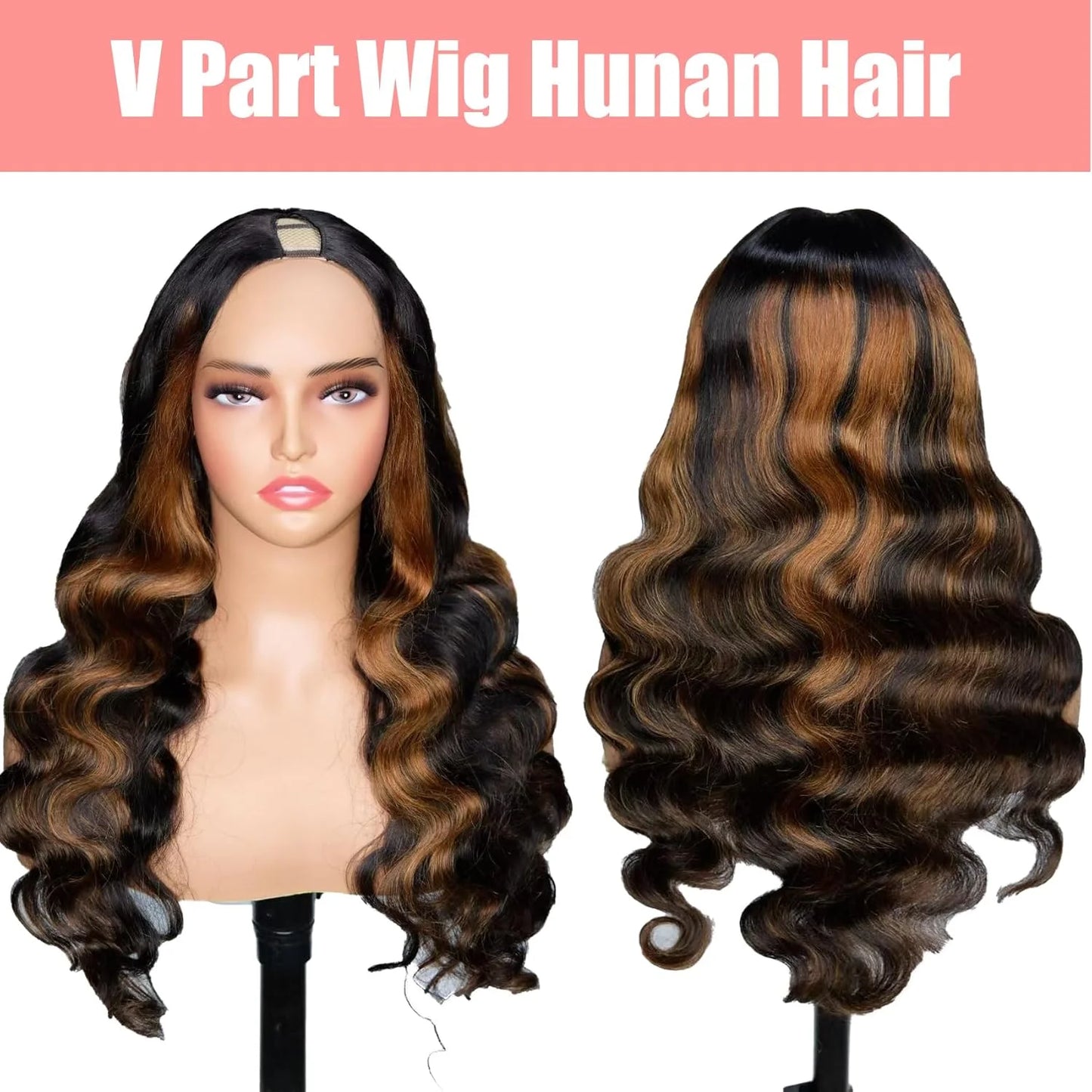 Perruque V Part Body Wave 1B/30 Highlight - Cheveux Humains 220% Densité - Clip Sans Couture