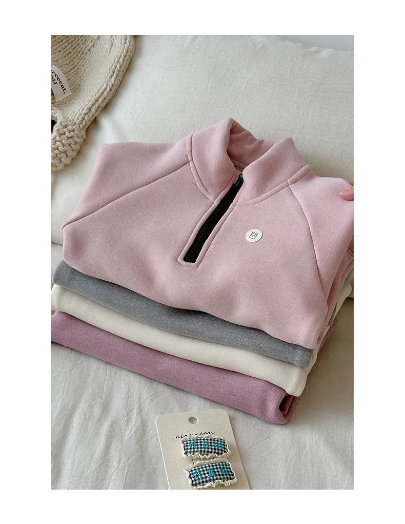 Sweat à Capuche Fille Automne Hiver - Col Montant Zippé Couleur Unie