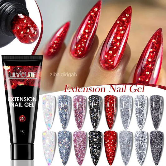 Gel Extension Ongles Paillettes LILYCUTE 15ml - Vernis Semi-Permanent UV Construction Nail Art