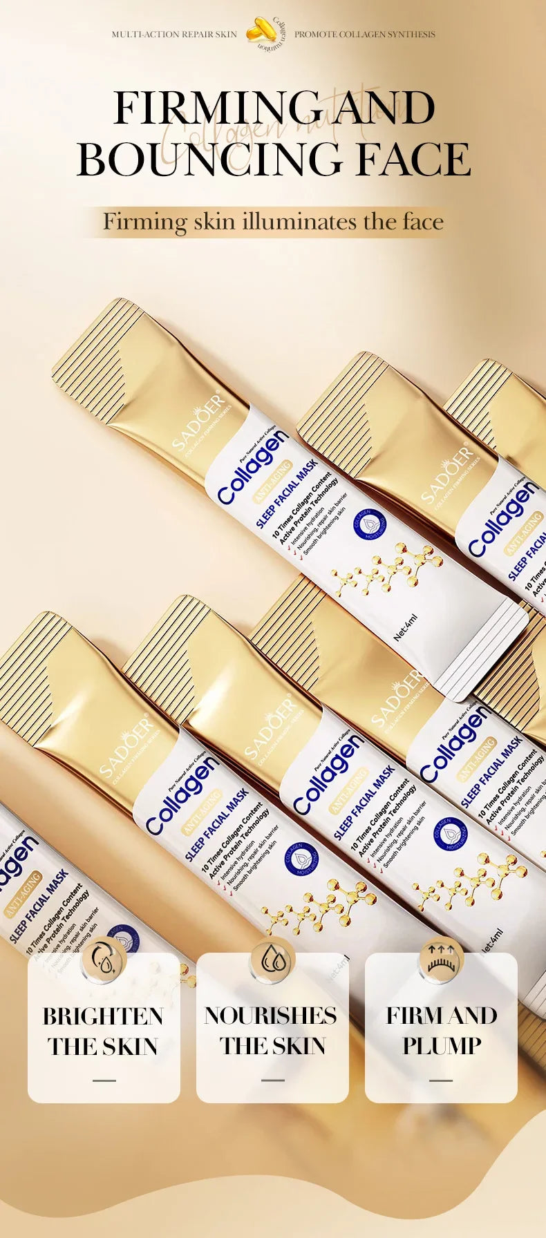 SADOER Masques Visage Nuit Collagène 30pcs - Hydratants Illuminateurs Raffermissants Soin Peau Sleeping Mask