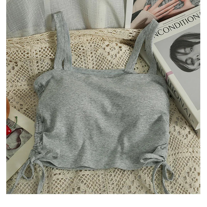 Crop Top Coton Soutien-Gorge Intégré Y2K - Dos Nu Cordon Débardeur Sport Été 2025 Femme