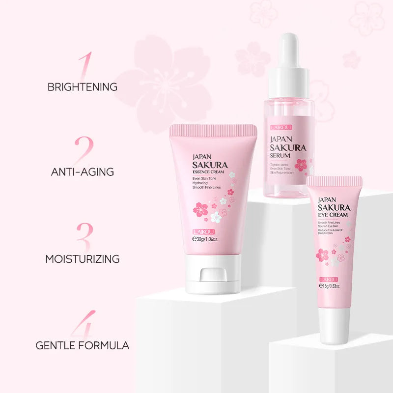Coffret Soin Visage LAIKOU 3pcs - Vitamine C Or 24K Sakura Crème Sérum Contour Yeux Hydratant Anti-Rides