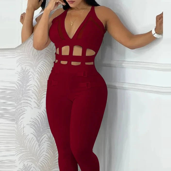 Combinaison Femme Été - Jumpsuit Moulant Mesh Ajouré Sans Manches