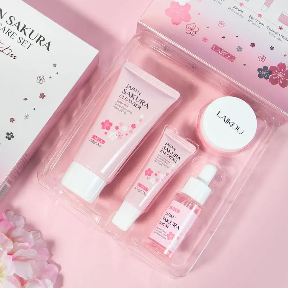 Coffret Soin Visage Sakura 4pcs - Nettoyant Tonique Sérum Crème Yeux Kit Beauté Femme Fille
