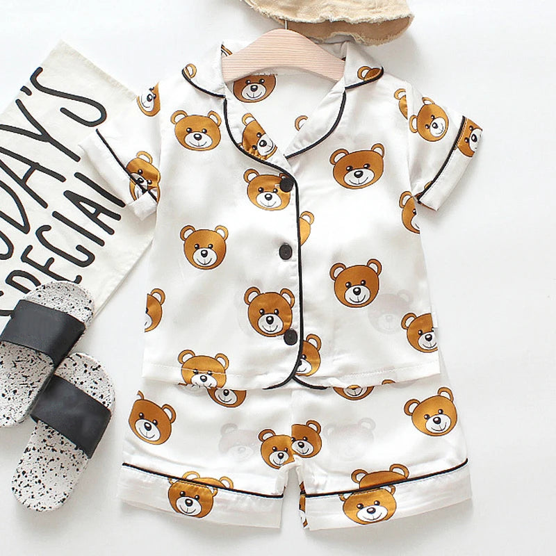 Kids Cartoon Bear Pajama Set - Ice Silk Satin Summer Sleepwear
