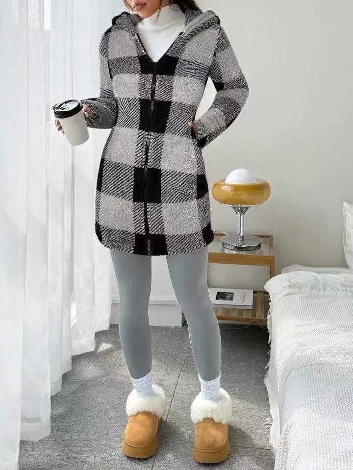 Manteau Femme Hiver Chaud Peluche - Carreaux Capuche Long Zip Cardigan
