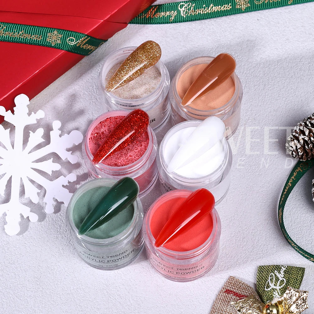 Lot 6pcs Poudre Acrylique Noël 10g - 3-en-1 Extension Sculpture Trempage Poudre Cristal Automne Hiver Nouvel An Manucure Décor