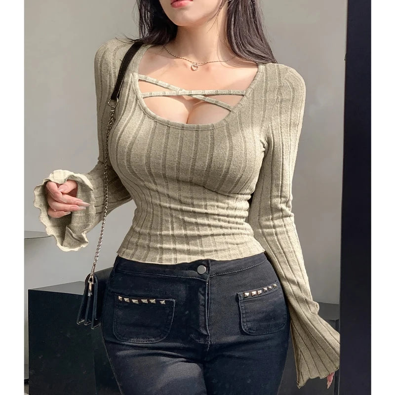 T-Shirt Femme Tricot Col Carré Bretelles - Automne Hiver