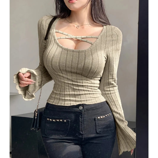 T-Shirt Femme Tricot Col Carré Bretelles - Automne Hiver