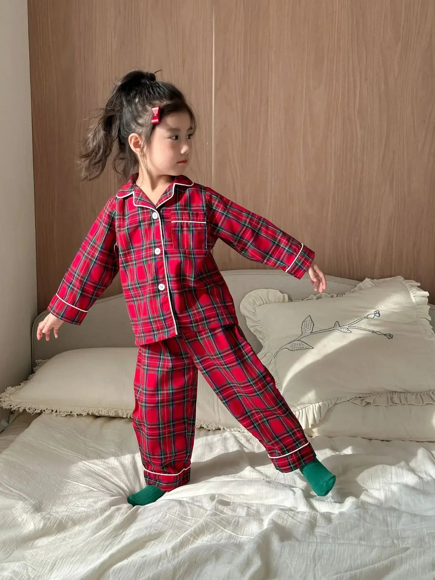 Pyjama Noël Enfant - Ensemble Coton Carreaux 2 Pièces Boutons Xmas
