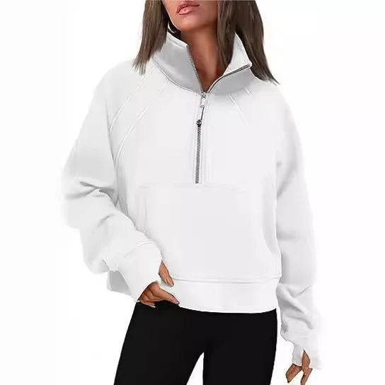 Sweat Femme Col Montant Demi-Zip - Hoodie Poche Manches Longues Loose Sportswear Streetwear Printemps Automne