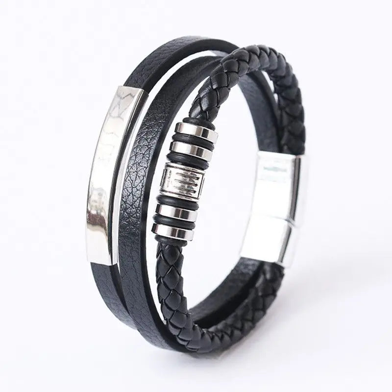 Bracelet Homme Cuir Tendance 21cm - Multi-Couches Tressé Acier Cadeau
