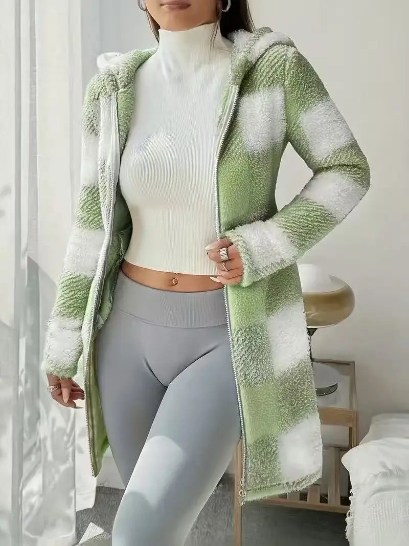 Manteau Femme Hiver Chaud Peluche - Carreaux Capuche Long Zip Cardigan