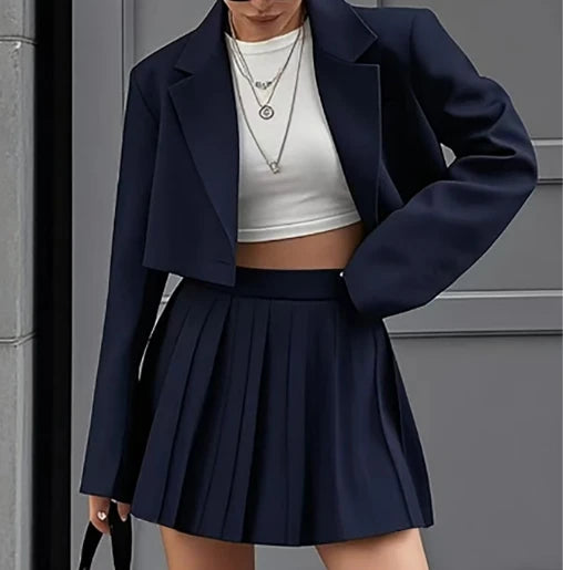Ensemble Femme 2 Pièces Blazer Chic - Veste Courte Crop & Jupe Mini Plissée Streetwear