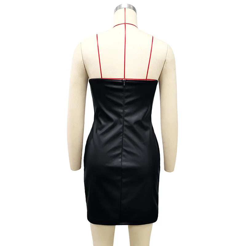 Robe Cuir PU Noire Femme - Robe Mini Moulante Latex Bustier Y2K Club