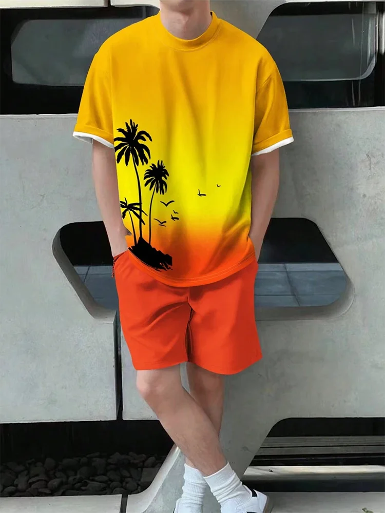 Ensemble Homme 2 Pièces Imprimé Hawaïen - T-Shirt Manches Courtes & Short de Plage